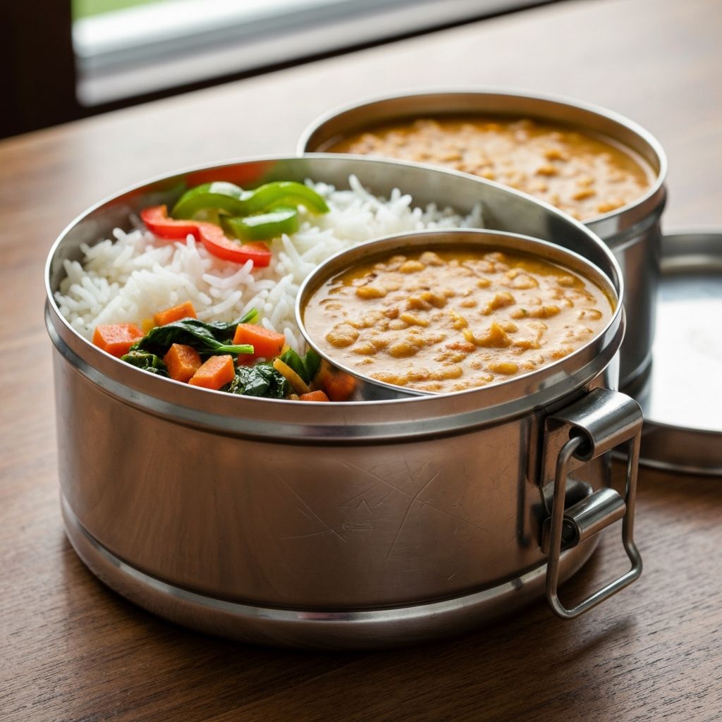 Fresh home-cooked Indian meals in traditional tiffin containers